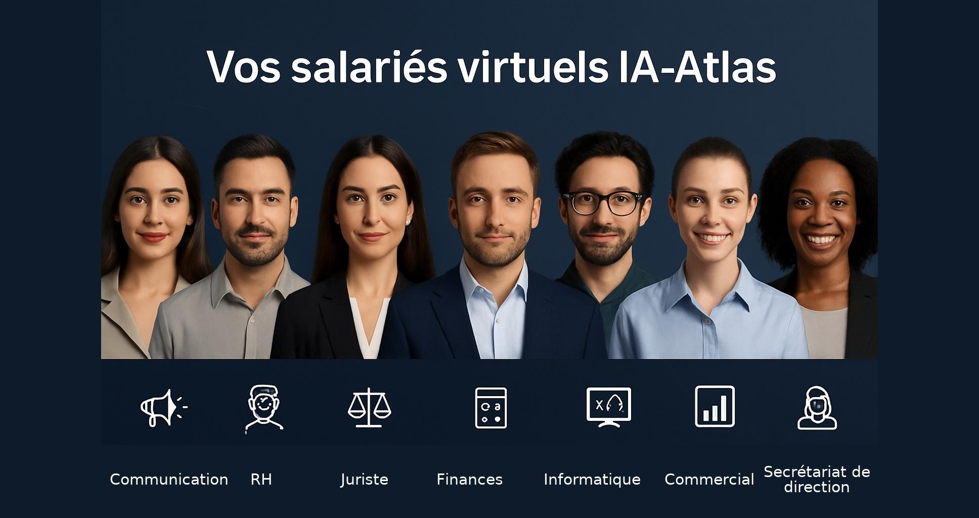 Équipe de 7 salariés virtuels IA-Atlas : communication, RH, juridique, finances, informatique, commercial et secrétariat de direction